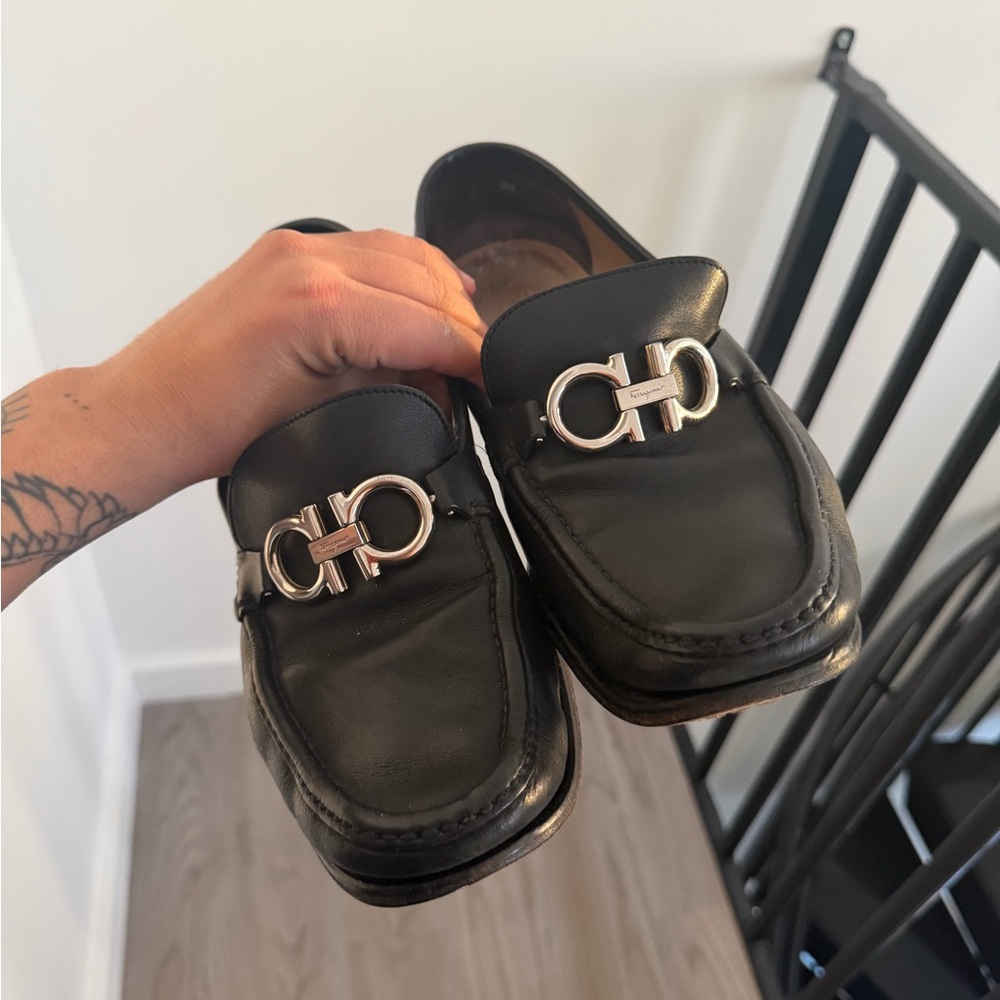 Salvatore Ferragamo Black Loafers with Silver Buckle